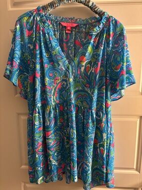 Lilly Pulitzer Zadie Top Women's Large Seabreeze Blue Hey Gull Friend